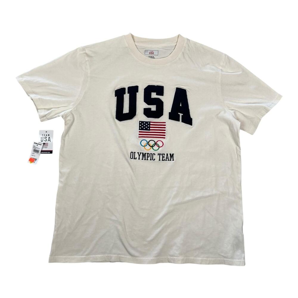 Team USA T-Shirt Mens XL White Cream Olympic Team Rings USA Flag Logo Tillys
